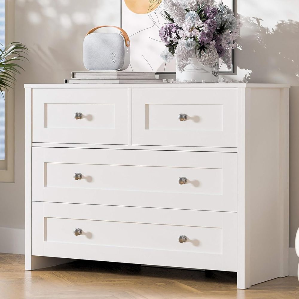 Home Office In Living Room - 40-inch Wide 4-Drawer White Wooden Storage