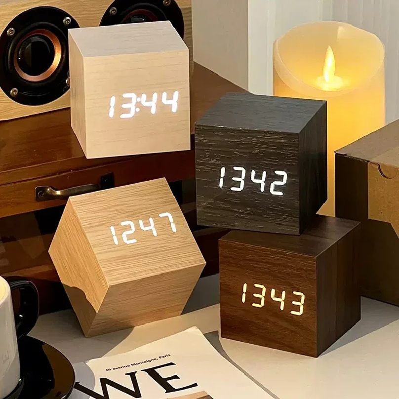 Led Desk Clock - Wooden Digital Alarm Clock with Temperature